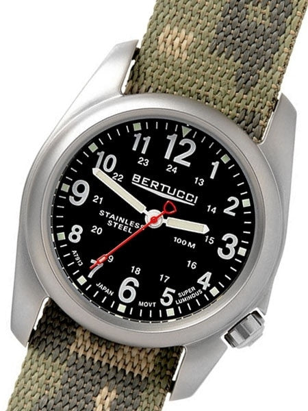 Bertucci A-2S Black Dial, 40mm Stainless Steel Watch with Camouflage Nylon Strap #11053