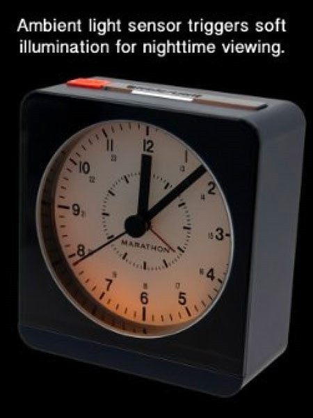 Marathon Alarm Clock with White Dial, Silent Movement, and Auto-Sensing Night Light #CL030053BL