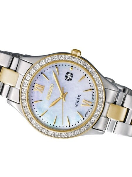 Seiko Two-Tone Women's Solar Dress Watch with Swarovski Crystal Bezel, Mother of Pearl Dial #SUT074