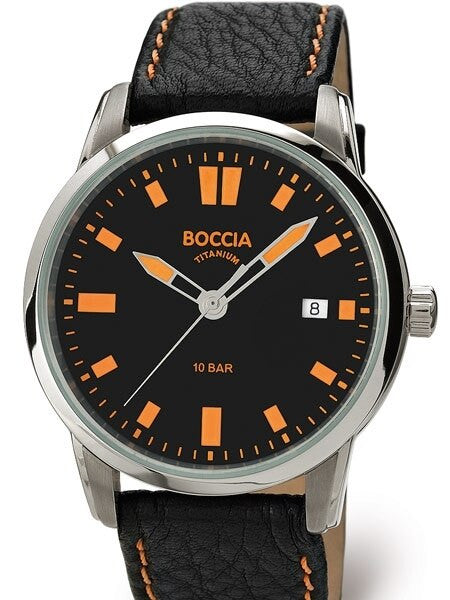 Boccia Mens Quartz Sport Watch with 41mm Titanium Case and Black Leather Strap #3573-01