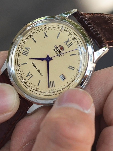 Orient Automatic Dress Watch with Cream Dial, Vibrant Blue Hands #ER2400CN