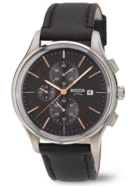Boccia Mens Quartz Chronograph Watch with 12-Hour Totalizer and 41mm Titanium Case #3756-02