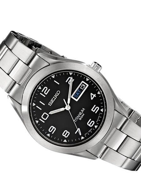 Seiko Quartz Black Dial Watch with 37mm Titanium Case and Folded Bracelet #SGG711