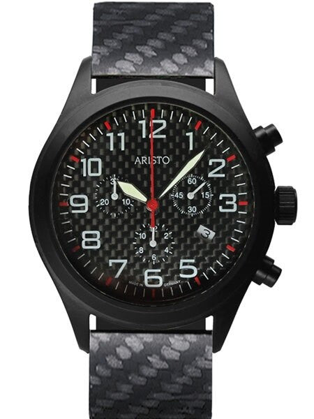 Aristo Aviator Style Quartz Chronograph Watch with Carbon Fiber Dial #0H15