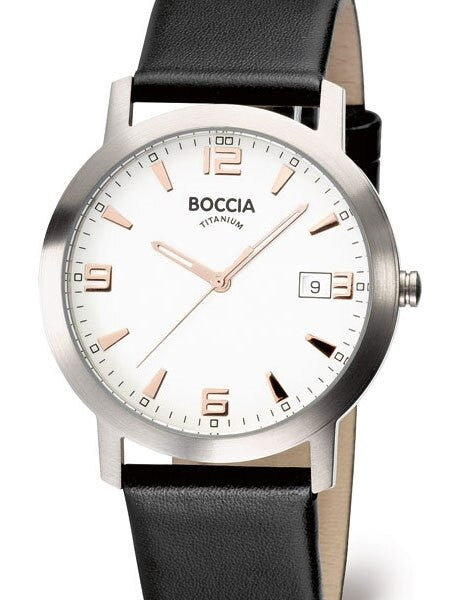 Boccia Mens Silver Quartz Dress Watch with 38mm Titanium Case and Leather Strap #3544-02