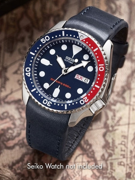 Crafter Blue 22mm Curved-End Leather Watch Strap for Seiko SKX Series Watches #CB05L-B