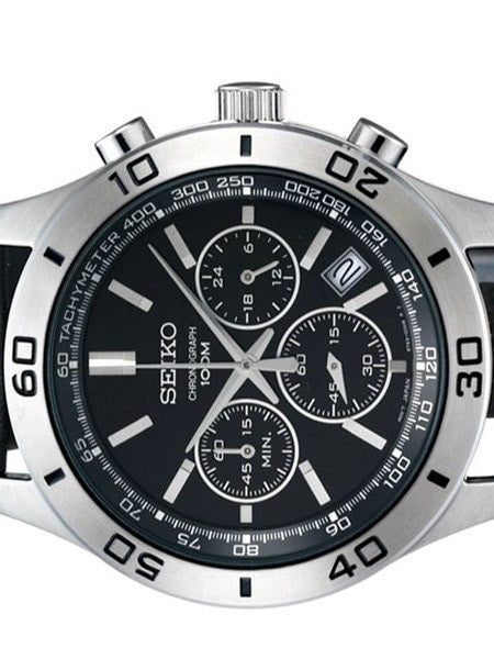 Seiko Quartz Chronograph with 24-hour Sub-Dial on a Black Leather Strap #SSB049p2