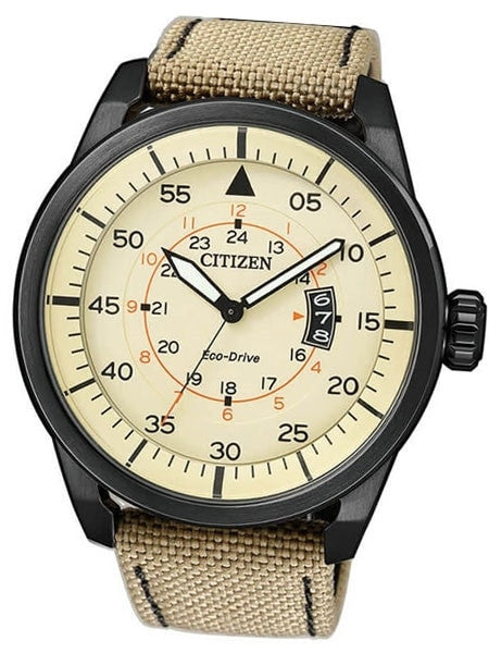 Citizen Eco-Drive Dial Pilot Watch with Black PVD Case and Tan Strap #AW1365-19P