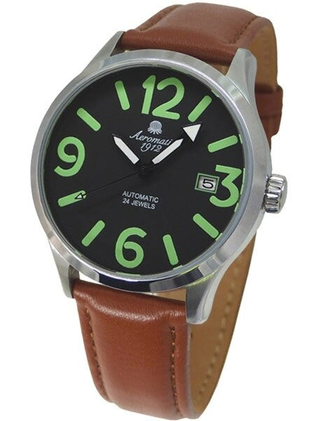 Aeromatic 1912 Retro Styled 24-Jewel Automatic Watch with Brown Leather Strap #A1435B
