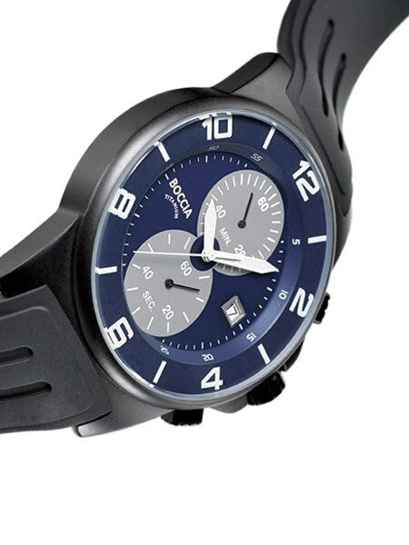 Boccia Navy Blue Dial Quartz Chronograph with Black 45mm Titanium Case and Rubber Strap #3777-13