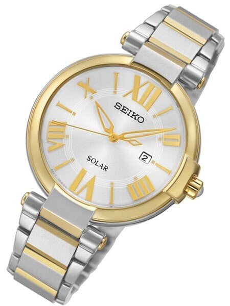 Seiko Two-Tone Women's Solar Dress Watch with Silver Dial, Goltone Hands and Markers #SUT174