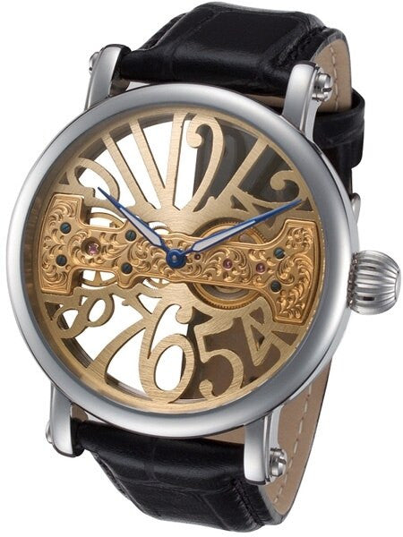 Rougois Open-Face, Bridge Mechanical Hand Wind Watch w/Blue Hands RS294G-BLK