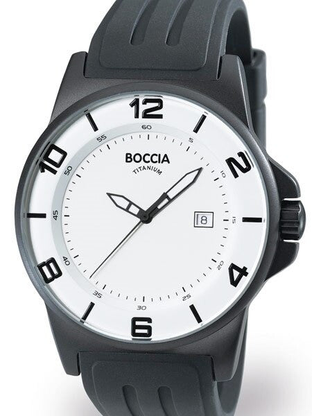 Boccia Mens White Dial Quartz Sport Watch with 45mm Black Titanium Case and Rubber Strap #3535-06