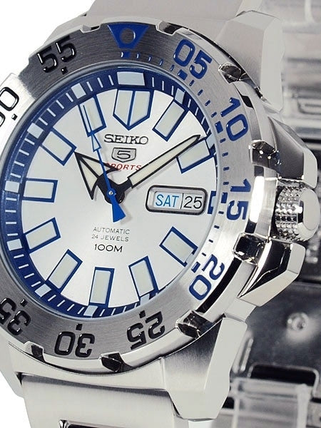 Seiko 43mm Sports 5 Automatic 24-Jewel Watch with Silver Dial and Blue Accents #SRP481K1