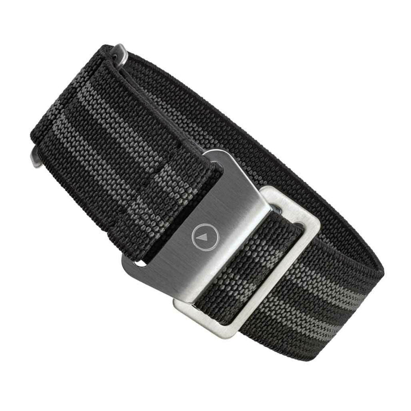 Black Elastic Woven Nylon Strap with Grey Stripes, Brushed Finish Steel Clasp #EWB-12-SS