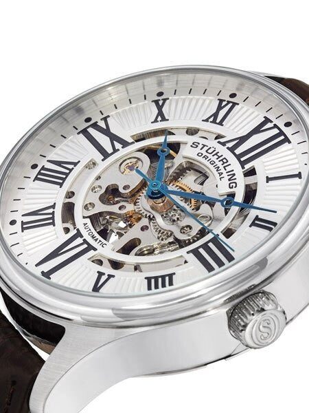 Stuhrling 42mm Atrium Automatic Watch with Semi-Skeleton, Silver-White Dial #747.01
