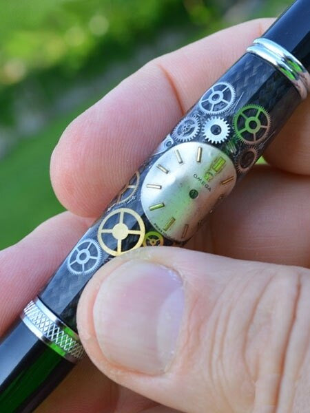 Artisan Crafted Collectable Pen made with an Omega dial and assorted gears, cogs, screws and bridges #WPP201BP