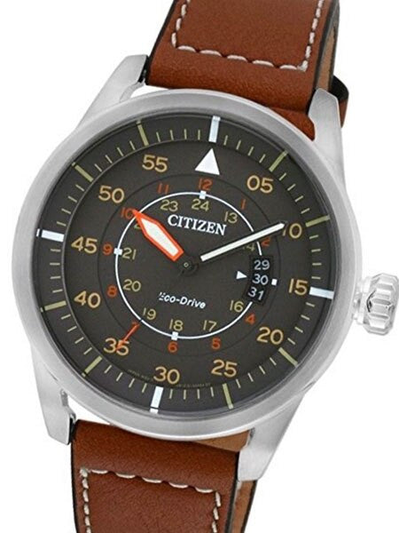 Citizen Eco-Drive Grey Dial Pilot Watch with Brown Leather Strap #AW1360-12H