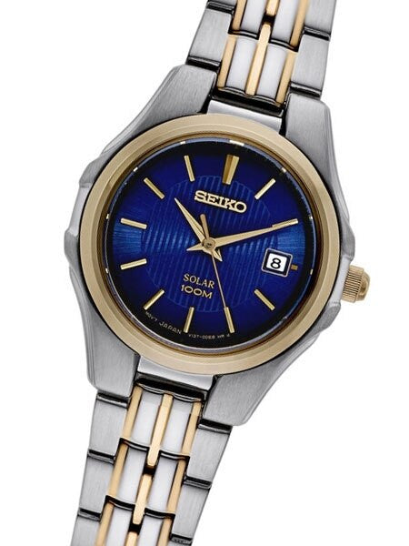 Seiko Two-Tone Women's Solar Dress Watch with Blue Dial, Goltone Hands and Markers #SUT224