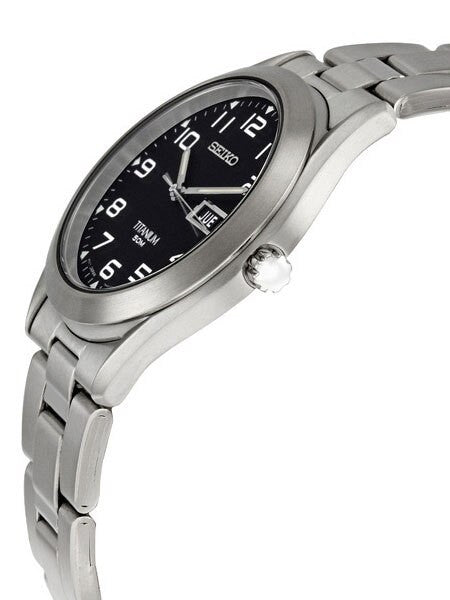 Seiko Quartz Black Dial Watch with 37mm Titanium Case and Folded Bracelet #SGG711