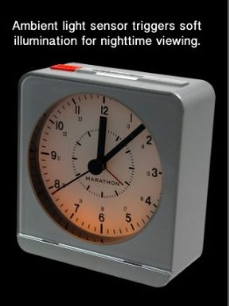 Marathon Alarm Clock with White Dial, Silent Movement, and Auto-Sensing Night Light #CL030053SV