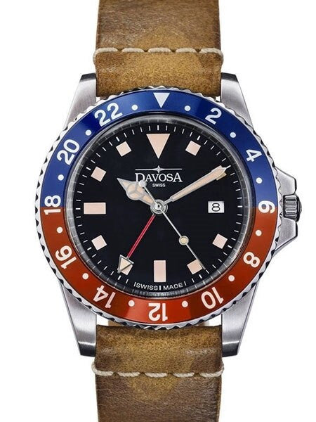 Davosa Vintage-Styled 100-Meter GMT Dual Time Watch with Black Dial #16250095