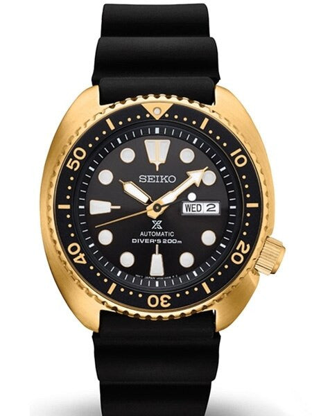 Seiko Turtle Prospex Automatic Dive Watch with Goldtone Case and Black Seiko Dive Strap #SRPC44