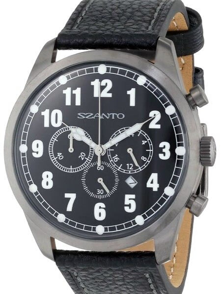 Szanto 46mm Black Ion Plated Vintage Inspired Chronograph Watch, 24-Hr Sub-Dial #2001