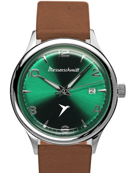 Messerschmitt Radiant Green Dial Swiss Quartz Watch with Brown Leather Strap #KR500-GRB