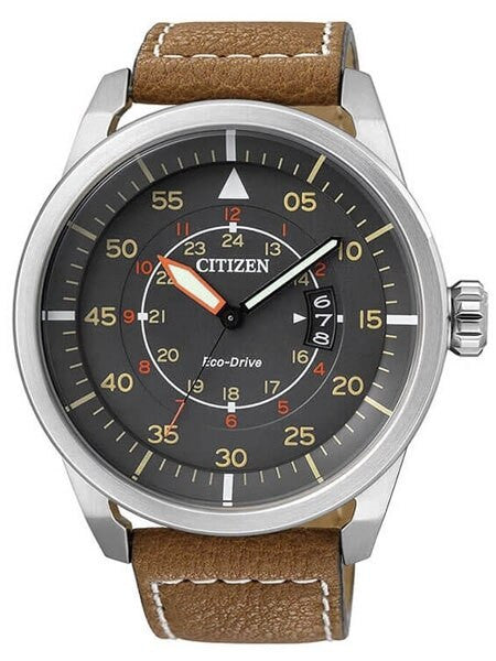Citizen Eco-Drive Grey Dial Pilot Watch with Brown Leather Strap #AW1360-12H