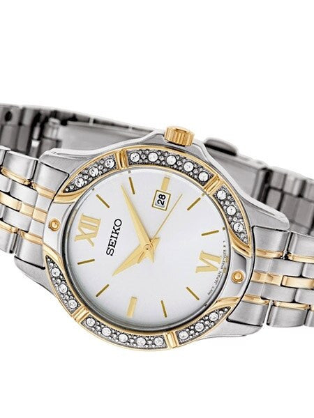 Seiko Two-Tone Women's Quartz Dress Watch with Swarovski Crystal Bezel, Mother of Pearl Dial #SUR864