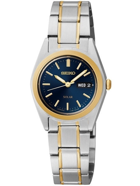 Seiko Two-Tone Women's Solar Dress Watch with Blue Dial, Goltone Hands and Markers #SUT110