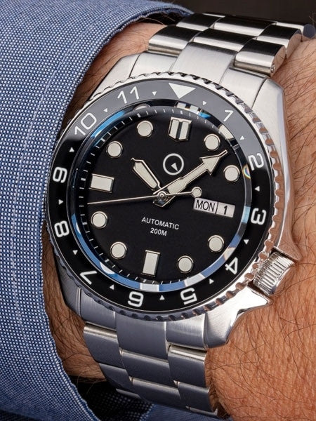 Islander Automatic Dive Watch with Solid-Link Bracelet, AR Sapphire Crystal, Dual-Time Luminous Ceramic Bezel Insert #ISL-01