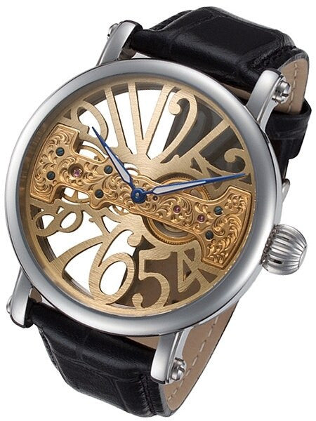 Rougois Open-Face, Bridge Mechanical Hand Wind Watch w/Blue Hands RS294G-BLK