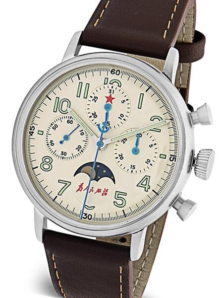 Scratch and Dent - Red Star Hand Wind Mechanical Chronograph with Moonphase #7756G-D