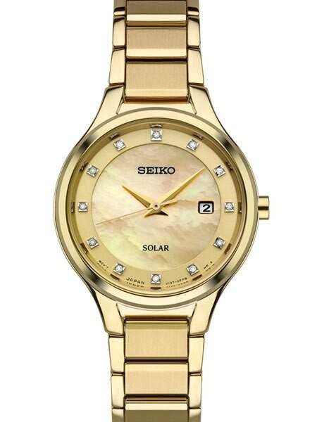 Seiko Ladies Solar Goldtone Dress Watch with Diamond Hour Markers #SUT320