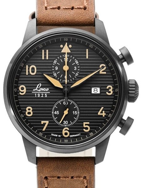 Laco Engadin Two-Eye Chronograph Watch with 42mm PVD Case and Corrugated Dial #861976