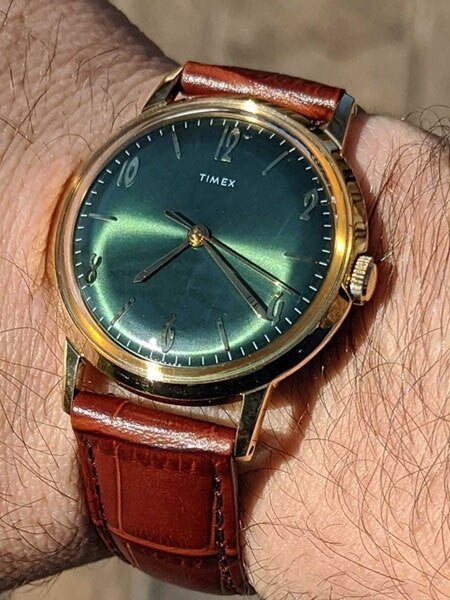 Timex 34mm Marlin Hand Wind Mechanical Watch with Green Dial
