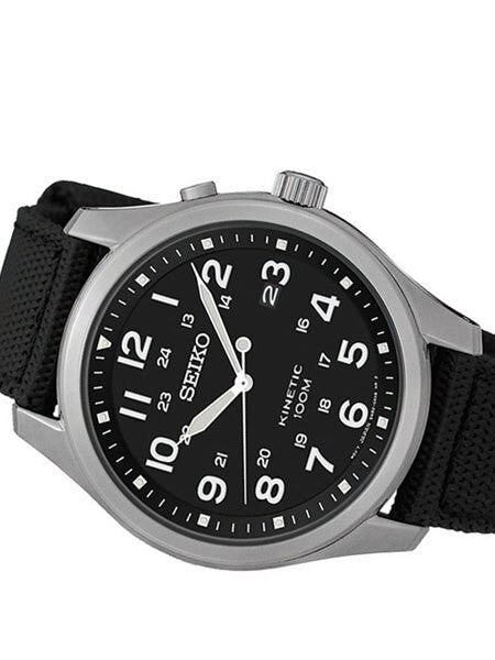 Seiko Kinetic Watch with a 43mm Stainless Steel Case, Black Dial, and Power Reserve #SKA727P1