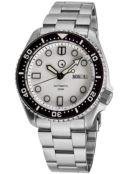 Islander White Dial Automatic Dive Watch with Solid-Link Bracelet, AR Sapphire Crystal, and Luminous Ceramic Bezel Insert #ISL-35