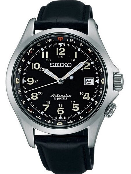Seiko Black Dial Automatic Field Watch with 40mm Case, and Compass Bezel  #SARG007