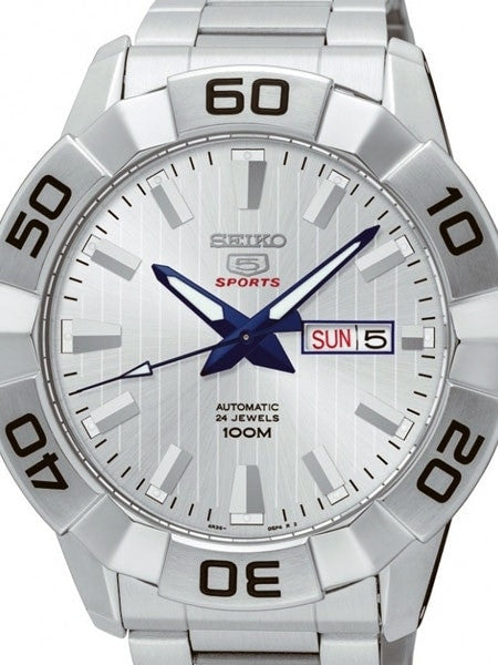 Seiko 45mm Sports 5 Automatic 24-Jewel Watch with Pinstriped Silver Dial #SRPA49K1
