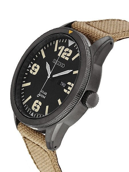 Seiko Aviator Black Dial Solar Watch with 43mm Black Ion Case, Tan Canvas Strap #SNE331
