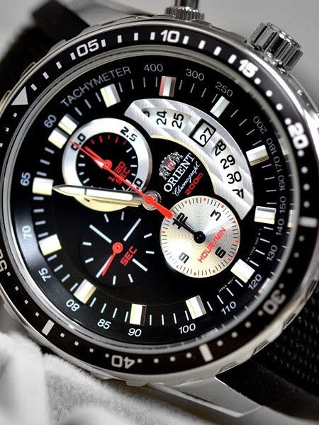 Orient Cayenne Sport Diver Chronograph Watch with Open Date Window and Tachymeter #TT0Q003B
