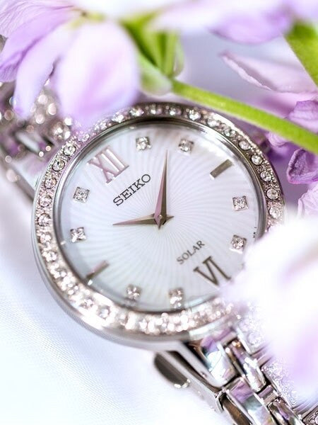 Seiko Ladies Solar Dress Watch with Swarovski Crystals, Mother of Pearl Dial #SUP359