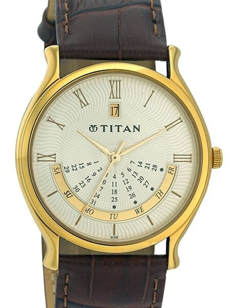 Titan Goldtone Classique Dress Watch with Precision Quartz Movement and Leather Strap #1482YL03