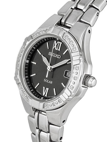 Seiko Women's Solar Dress Watch with 18 Diamond's on the Bezel, Black Dial #SUT067