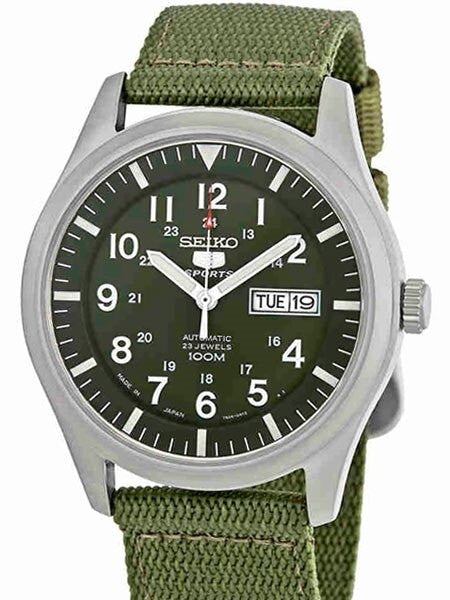 Seiko Military Dark Green Dial Automatic Watch with 42mm Case, Green Canvas Strap #SNZG09J1