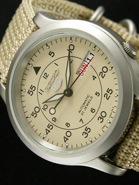 Seiko 5 Military Tan Dial Automatic Watch with Tan Canvas Strap