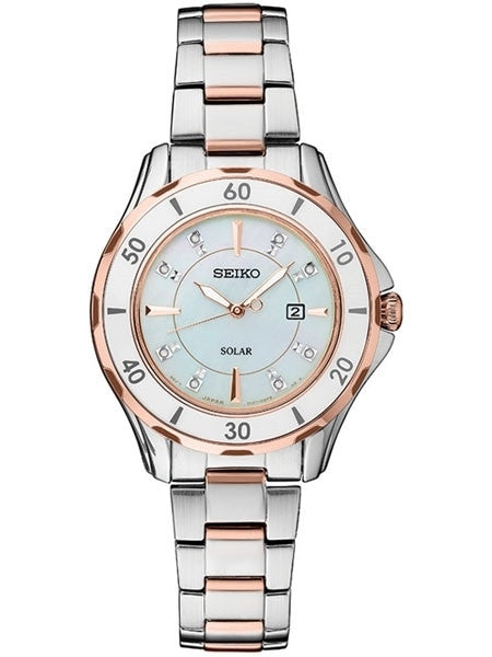 Seiko Two-Tone Women's Solar Dress Watch with MOP Dial, Rose Goltone Hands and 8 Diamond Markers #SUT340